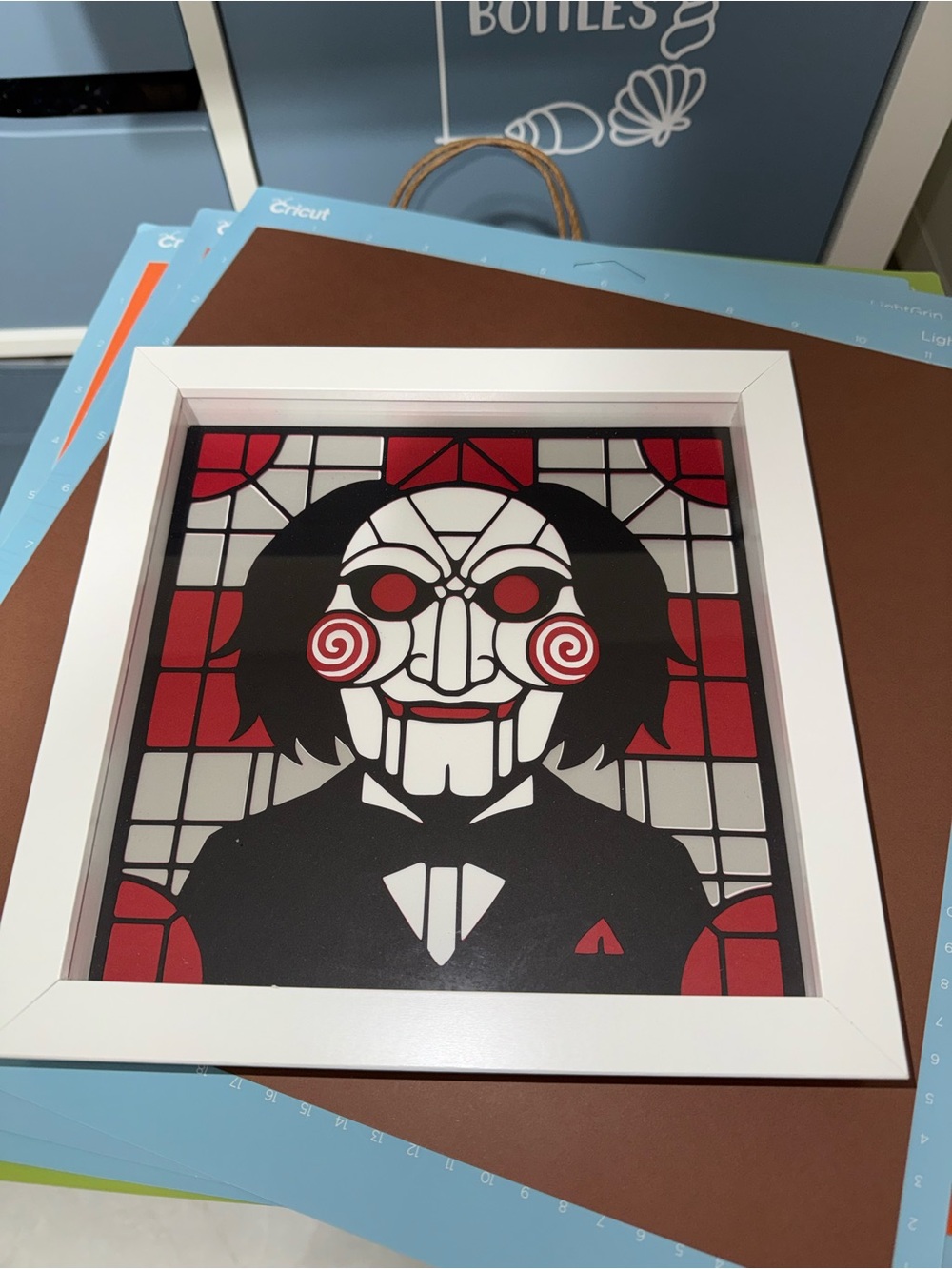 Framed Red, Black and White Puppet Saw 8x8 Halloween Shadowbox cardstock